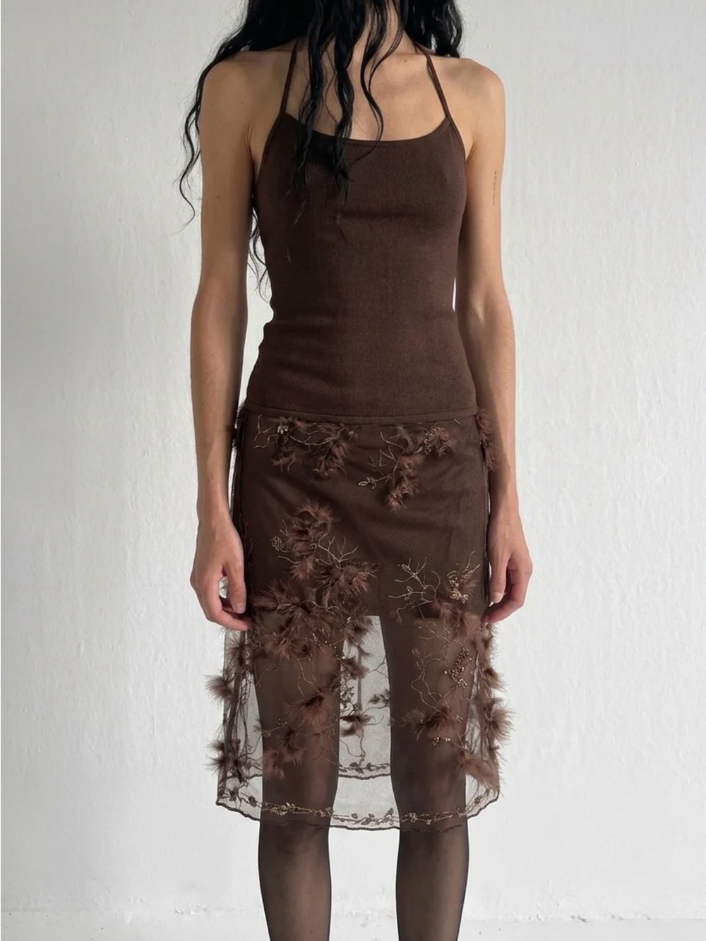 Tissimum Women’s Brown Halter Sheer Embroidered Dress - Picture 2 of 4